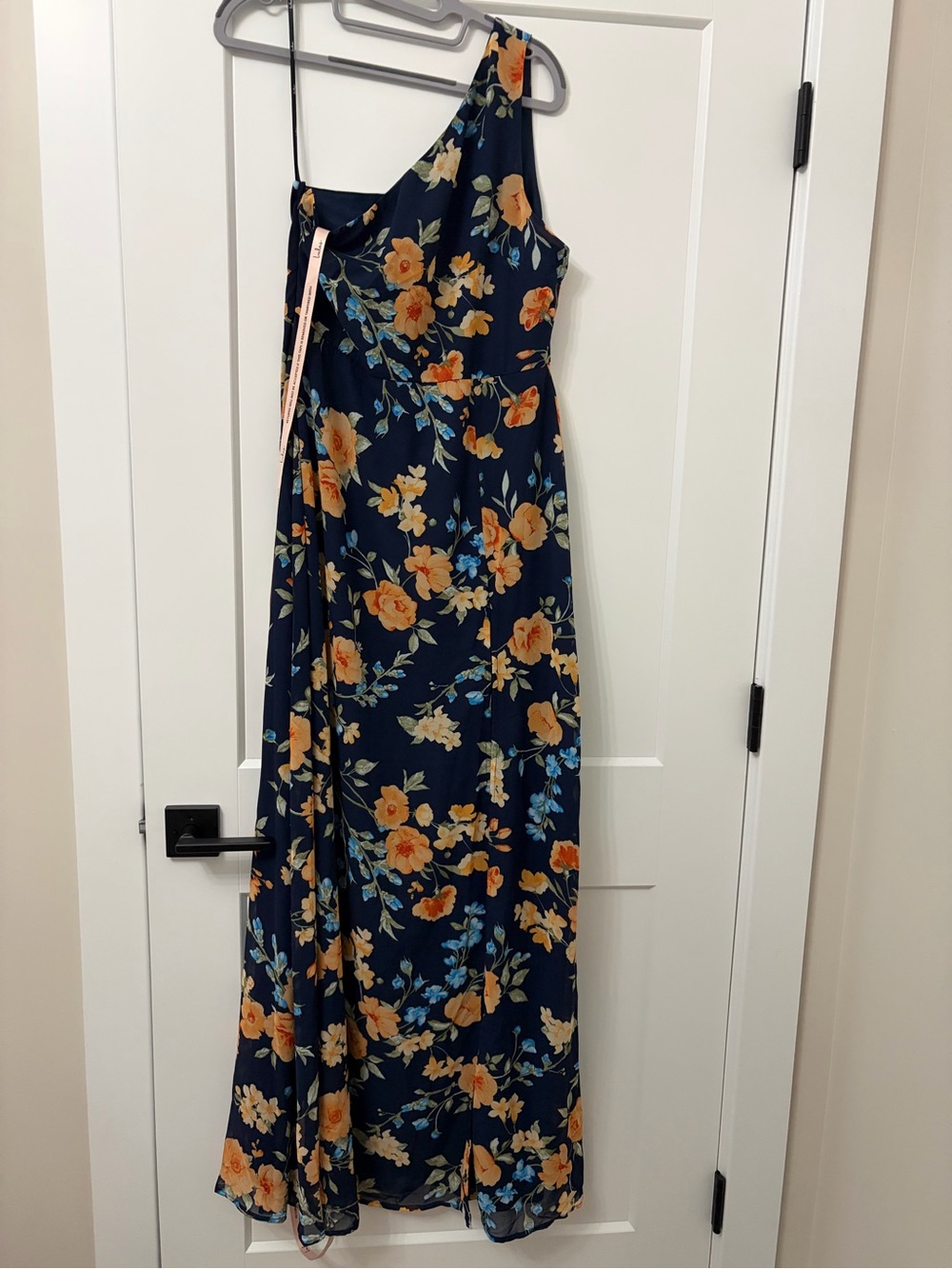 Lulu's Navy One-Shoulder Maxi Dress with Orange Floral Print